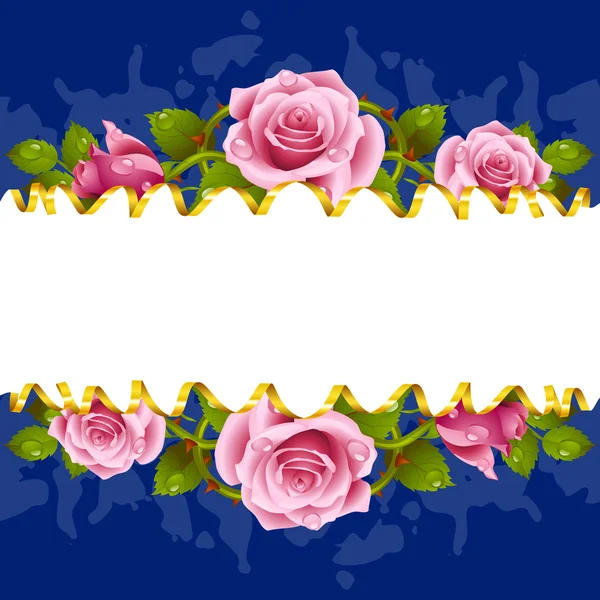 Cadre horizontal vectoriel avec roses roses roses et ruban doré — Image vectorielle