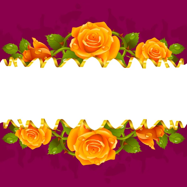 Marco horizontal vectorial con rosas amarillas y cinta dorada — Vector de stock