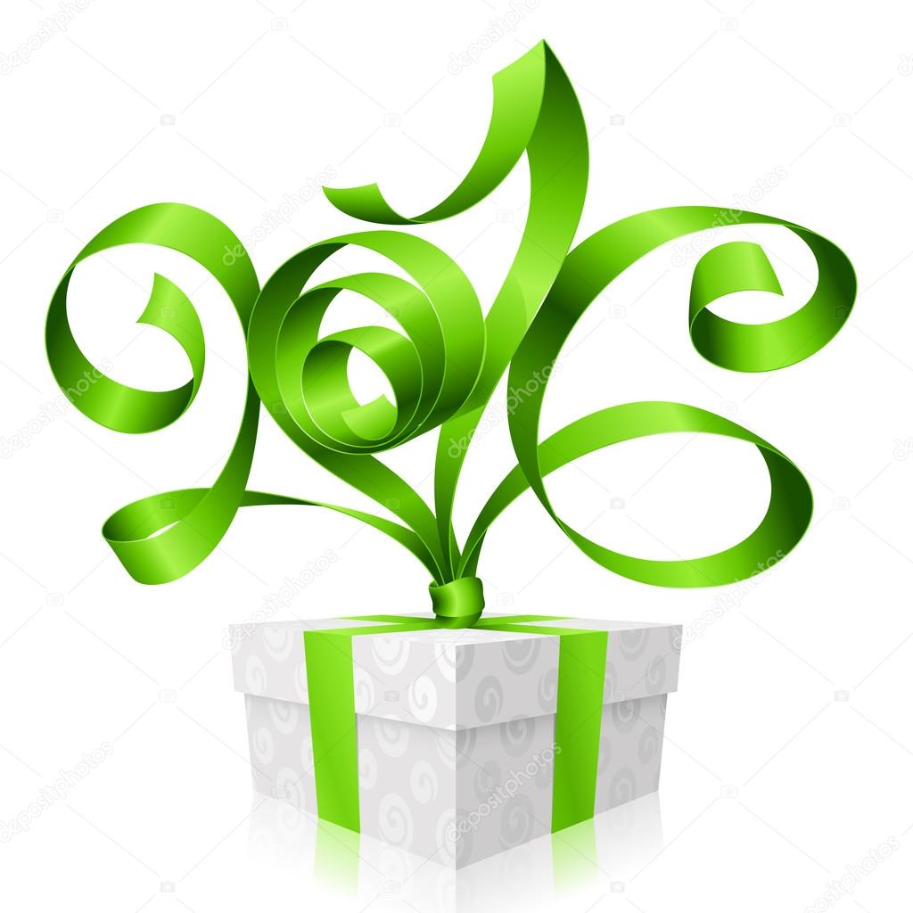 Vector green ribbon and gift box. Symbol of New Year 2016