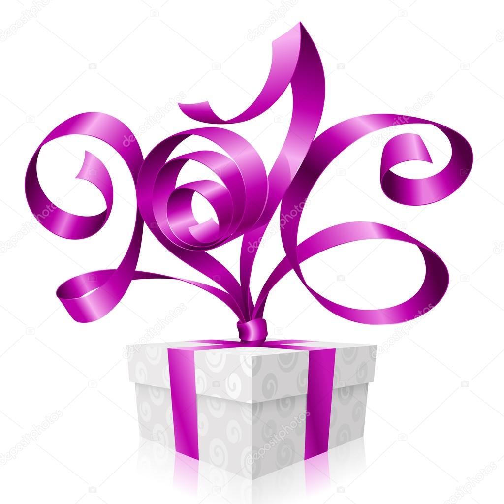 Vector purple ribbon and gift box. Symbol of New Year 2016