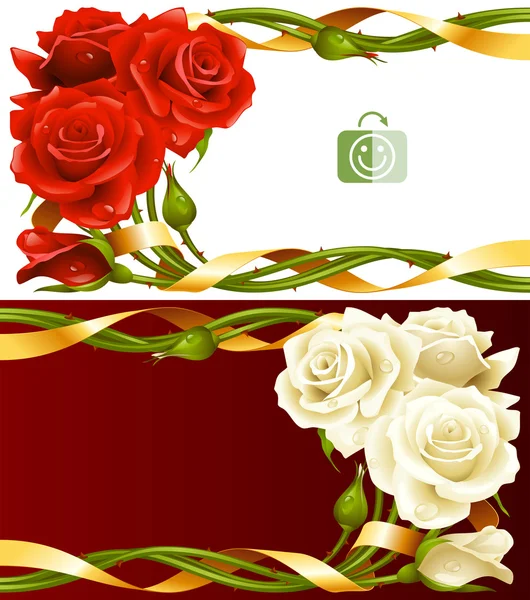 Conjunto de marcos horizontales vectoriales de rosas rojas y blancas entrelazadas con una cinta dorada — Vector de stock