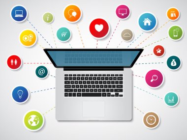 Medya simgeler ile modern dizüstü bilgisayar 