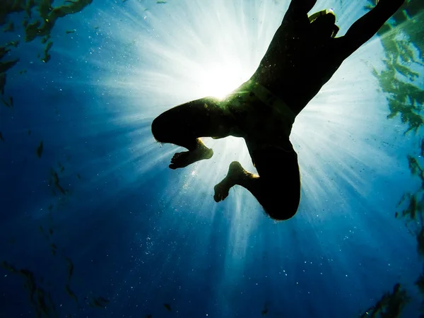 Homem nadando no mar com raios de sol brilhando através — Fotografia de Stock