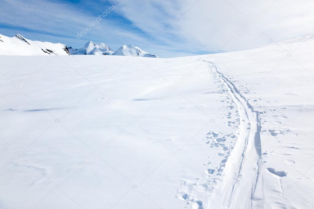 Ski tracks on the fresh snow of a large glacier