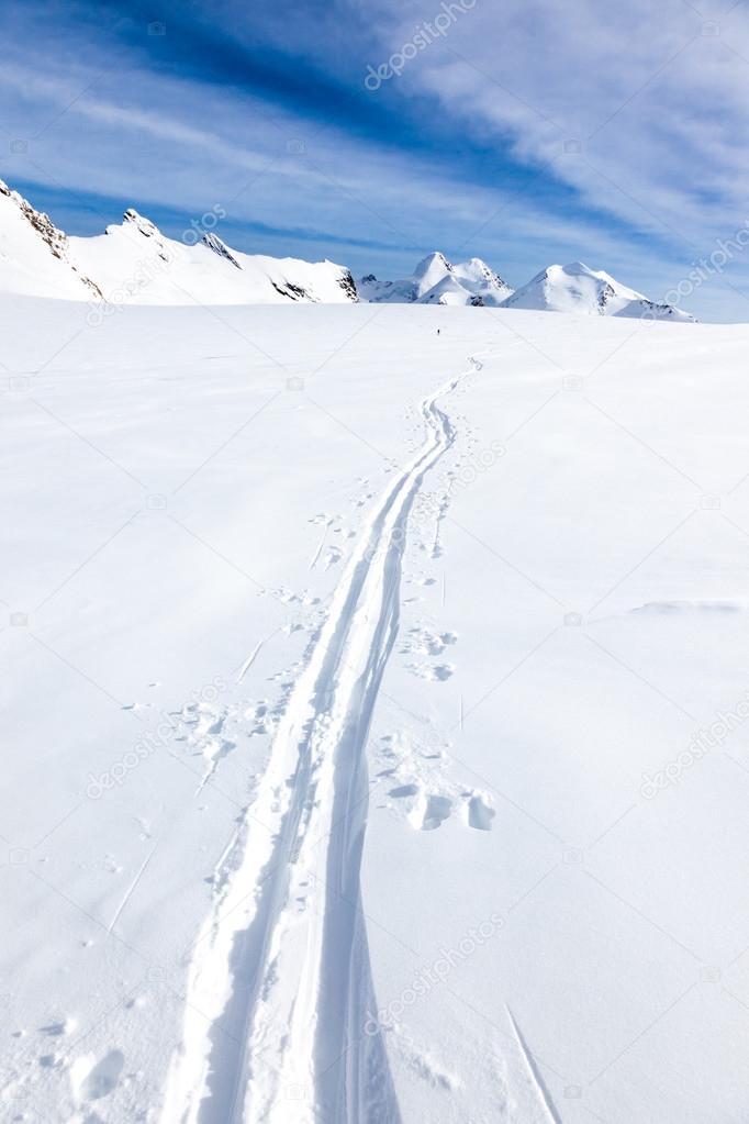 Ski tracks of a backcountry skier on the fresh snow of a large g