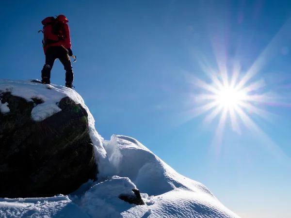 Un alpiniste célèbre la conquête du sommet . — Photo