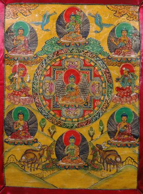 boyalı veya işlemeli Budist afiş