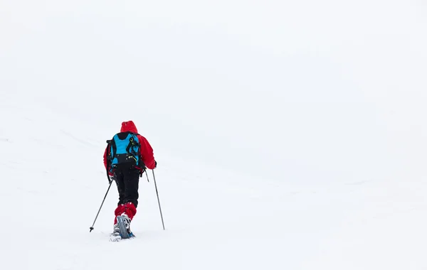 Αγόρι, πεζοπορία στο βουνό με χιονοπέδιλα — Φωτογραφία Αρχείου
