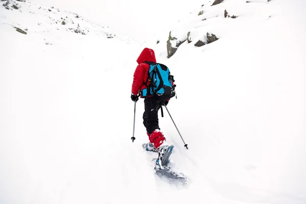 Chico senderismo en montaña con raquetas de nieve — Foto de Stock