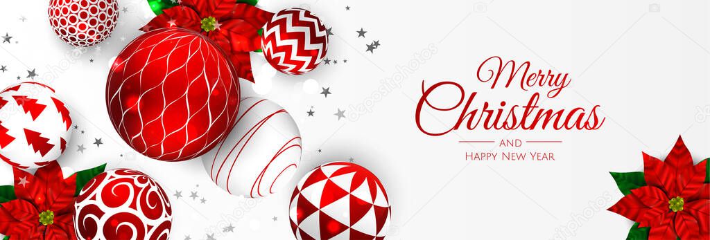 Merry Christmas and Happy New Year. Xmas background with poinsettia, Snowflakes, star and balls design.