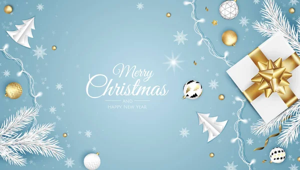 Glædelig jul og Godt Nytår Holiday hvid banner illustration. Xmas design med realistisk vektor 3d objekter, gyldne christmass ball, snefnug, glitter guld konfetti. – Stock-vektor