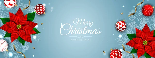 Merry Christmas web banner, gold and red Xmas ball. Предпосылки для приветствия по приглашениям или сезонам. — стоковый вектор