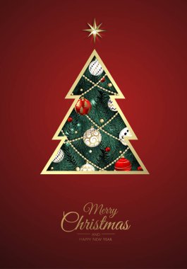 Mutlu Noeller ve mutlu yıllar. Xmas ağacı, kar taneleri, yıldız ve top tasarımlı Xmas arkaplanı.