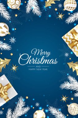 Noel vektör geçmişi. Yaratıcı tasarım tebrik kartı, afiş, poster. Üst görünüm xmas dekorasyon topları ve kar taneleri.