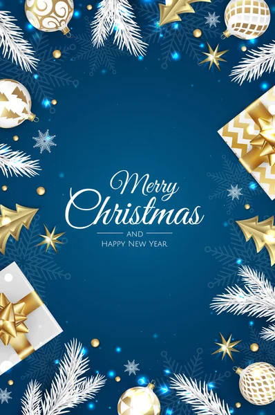 Noel vektör geçmişi. Yaratıcı tasarım tebrik kartı, afiş, poster. Üst görünüm xmas dekorasyon topları ve kar taneleri.