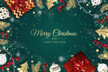 Noel vektör geçmişi. Yaratıcı tasarım tebrik kartı, afiş, poster. Üst görünüm xmas dekorasyon topları ve kar taneleri.
