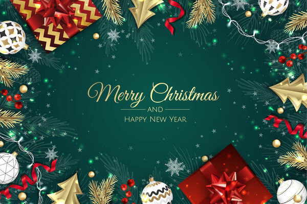 Fondo de vector de Navidad. Tarjeta de felicitación de diseño creativo, pancarta, póster. Vista superior bolas de decoración de Navidad y copos de nieve. — Vector de stock