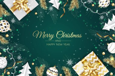 Noel vektör geçmişi. Yaratıcı tasarım tebrik kartı, afiş, poster. Üst görünüm hediye kutusu, xmas dekorasyon topları ve kar taneleri.