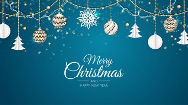 Mutlu Noeller ve mutlu yıllar. Noktalı Xmas arkaplanı, kar taneleri, yıldız ve top tasarımı.