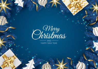 Noel vektör geçmişi. Yaratıcı tasarım tebrik kartı, afiş, poster. Üst görünüm hediye kutusu, xmas dekorasyon topları ve kar taneleri.
