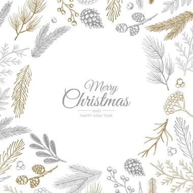 Noel tebrik kartı ve yeni yıl ağacı. Vektör tatil illüstrasyonu.