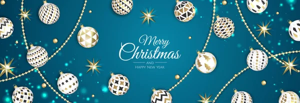 Feliz Navidad banner web, oro y bola de Navidad roja. Antecedentes de invitación o saludo temporadas. — Vector de stock