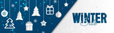 Noel afişi. Arka plan Xmas nesneleri yukarıdan görülüyor. Kış indirimi