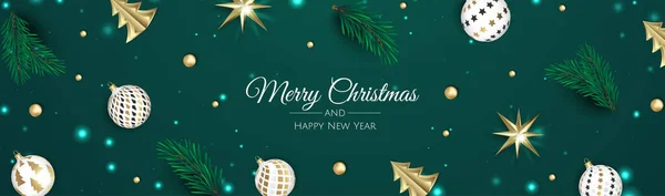 Veselé Vánoce a šťastný nový rok. Vánoční pozadí s poinsettia, Vločky, hvězda a koule design. — Stockový vektor