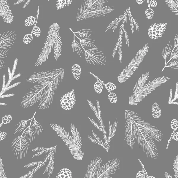 Modello senza cuciture di Natale con decorazioni dell'albero di Natale, illustrazione vettoriale del disegno di arte disegnata a mano dei rami di pino. — Vettoriale Stock