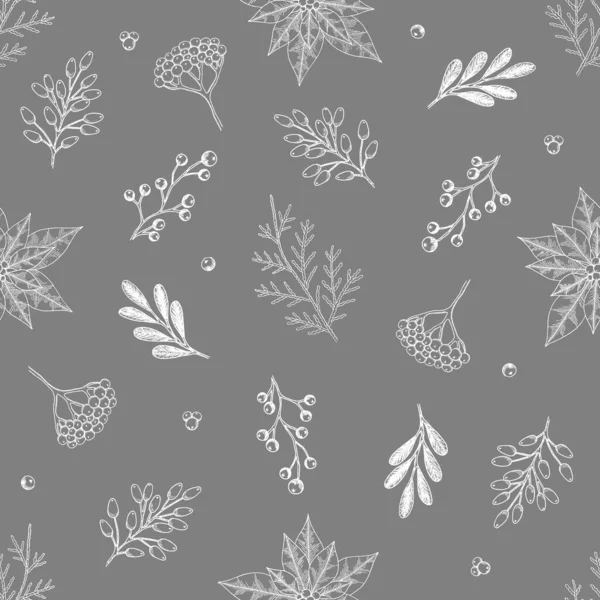 Xmas naadloos patroon met kerstboom decoraties, dennen takken hand getekend kunst design vector illustratie. — Stockvector