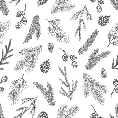 Elle çizilmiş kozalaklı kusursuz desen, xmas ağacı. Noel vektör illüstrasyonu.