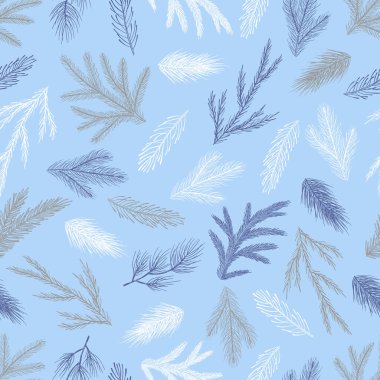 Elle çizilmiş kozalaklı kusursuz desen, xmas ağacı. Noel vektör illüstrasyonu.