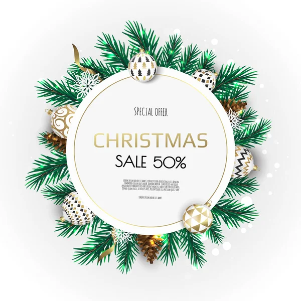 Karácsonyi koszorú karácsonyi labdák, hópelyhek és egyéb ünnepi elemek. — Stock Vector