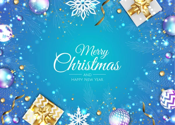 Feliz Navidad tarjeta de felicitación con árbol de año nuevo, bolas de Navidad, copos de nieve. Ilustración vectorial vacaciones. — Vector de stock