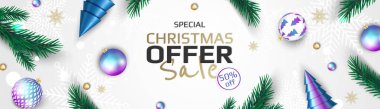 Noel afişi. Arka plan Xmas nesneleri yukarıdan görülüyor. Geçmiş Mutlu Noeller ve mutlu yıllar