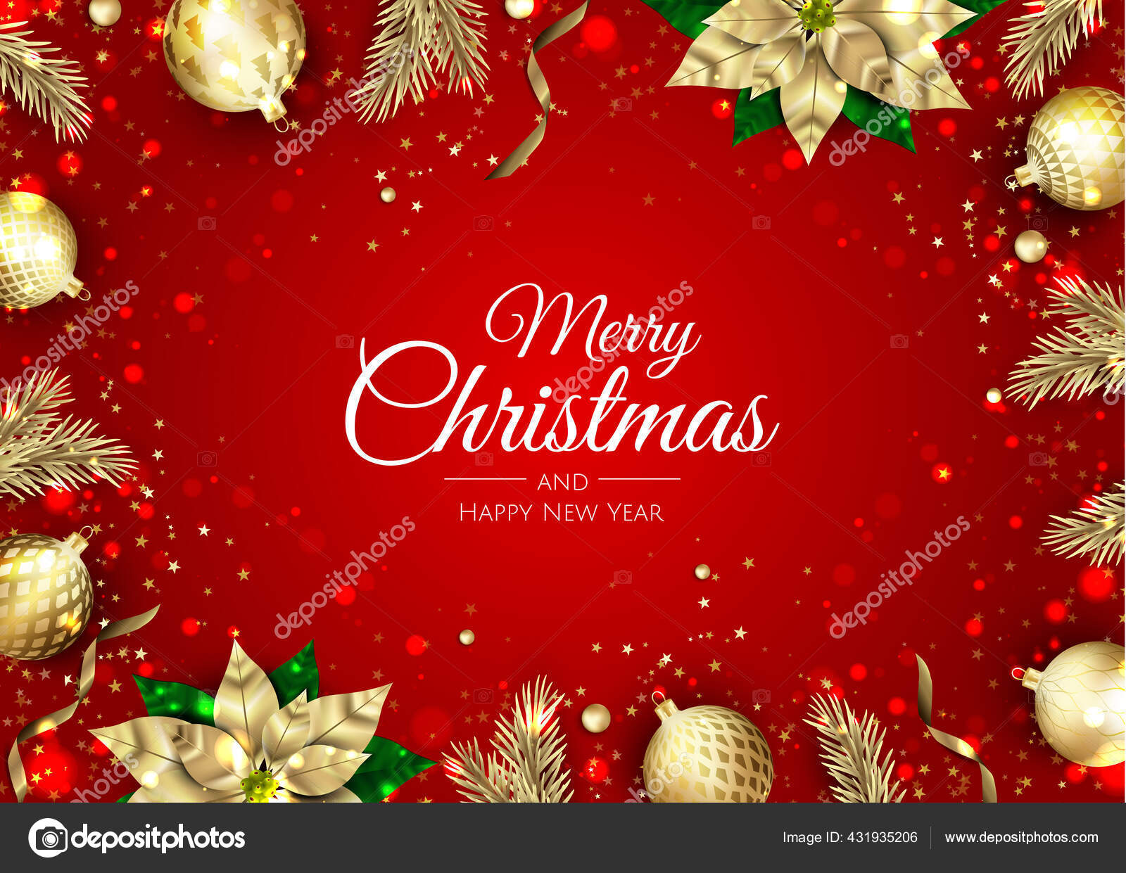 メリークリスマスとハッピーニューイヤー ポインセチア クリスマスの花 雪の結晶 星とボールのデザインとクリスマスの背景 ストックベクター C Anasteisha