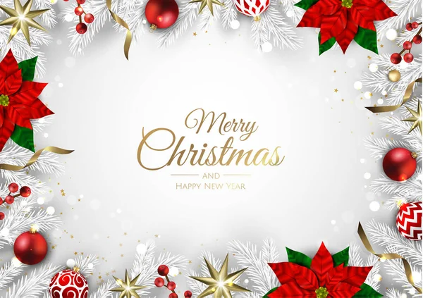 Vánoce a Nový rok pozadí. Vánoční stromky, vánoční koule, sněhové vločky. Pozdrav, banner, záhlaví, webové stránky, plakát. — Stockový vektor