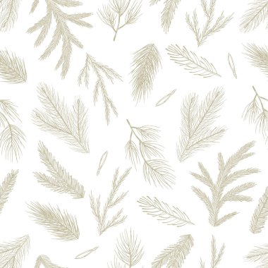 Elle çizilmiş kozalaklı kusursuz desen, xmas ağacı. Noel vektör illüstrasyonu.