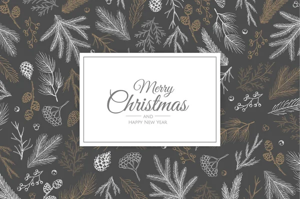 Καλά Χριστούγεννα ευχετήρια κάρτα με το δέντρο της νέας χρονιάς. Χειροποίητη διανυσματική απεικόνιση σχεδίασης. — Διανυσματικό Αρχείο