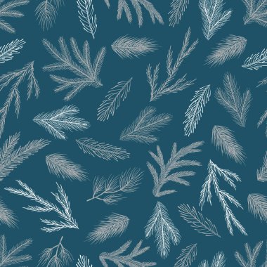 Elle çizilmiş kozalaklı kusursuz desen, xmas ağacı. Noel vektör illüstrasyonu.