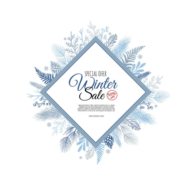 Natal, ano novo, banner de venda de inverno. Cartaz, fundo, folheto, cartão de convite, modelo de design com flocos de neve. —  Vetores de Stock
