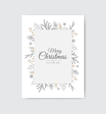 Noel tebrik kartı ve yeni yıl ağacı. El çizimi tasarım vektör çizimi.