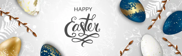 Veselé Velikonoce pozadí s realistickým zlatým leskem zdobené vejce, vrba, králík. Vektorové ilustrační přání, reklama, propagace, plakát, leták, web-banner. — Stockový vektor