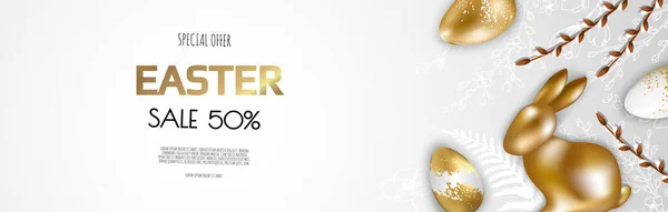 Frohe Ostern Hintergrund mit realistischem goldenen Glanz dekorierte Eier, Weide, Hase. Vector Illustration Grußkarte, Anzeige, Promotion, Poster, Flyer, Web-Banner. — Stockvektor