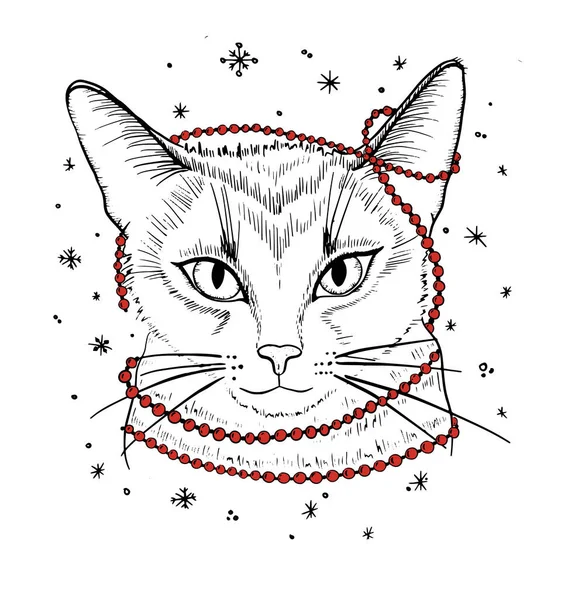 Ручной портрет кота с гирляндой. Векторная иллюстрация изолирована на белом — стоковый вектор