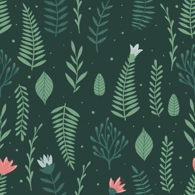 Çiçekler ve yapraklarla kusursuz desen. Yaratıcı çiçek dokusu. Kumaş ve Tekstil Vektörü İllüstrasyonu için harika