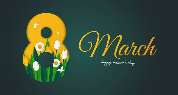 Feliz Día de la Mujer 8 de marzo Linda tarjeta para las vacaciones de primavera. Ilustración vectorial de una fecha, una mujer y un ramo de flores. — Archivo Imágenes Vectoriales