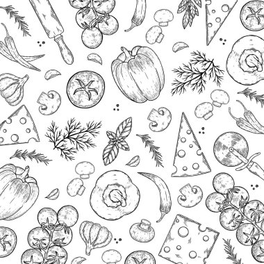 Peynir, domates, biber, kekik, fesleğen, sarımsak, mantar, soğanlı vektör arkaplan.