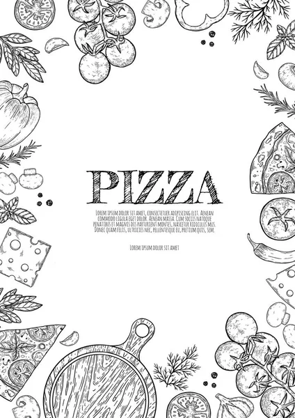 ピザ手描きの漫画の落書きイラスト。ピッツェリアのオブジェクトと要素のデザイン。創造的なアートの背景。線画ベクトル背景 — ストックベクタ