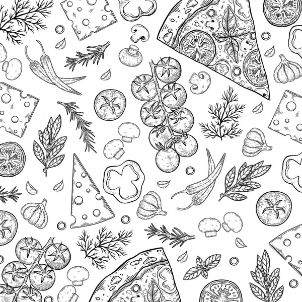 Pizza mão desenhada desenho animado doodles ilustração. Objetos de pizzaria e design de elementos. Fundo de arte criativa. Linha arte vetor fundo —  Vetores de Stock
